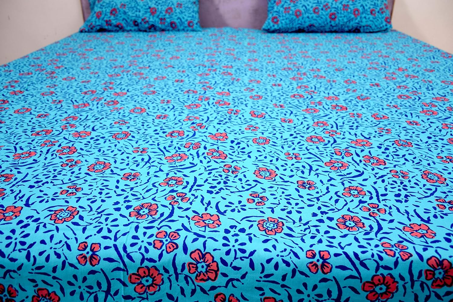 Capua 100% Cotton Floral Design Double Bedsheet with 2 Pillow Cover- Blue