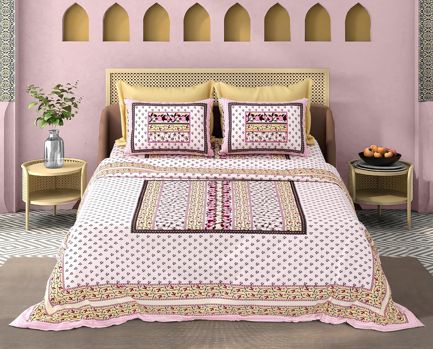 Traditional Floral Print 100% Cotton Double Bed Sheet Set - 110 TC-With 2 Pillow 18X28 Inch