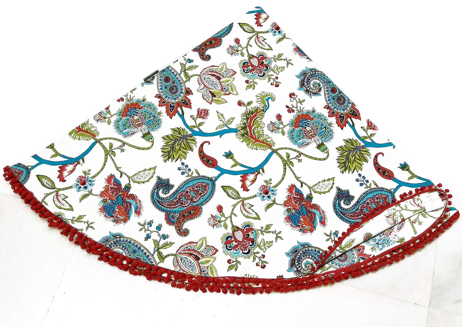 Capua flowered Cotton Round Dining Table Cover with Red Pom-Pom Laces Border, Base-Off white light green & multi-Pack of 1