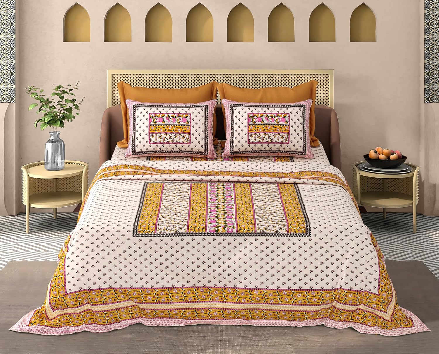 Ethnic Pink Border Handblock-Inspired Bedsheet – 100% Cotton, 110 TC-with 2 Pillow 18X28 Inch
