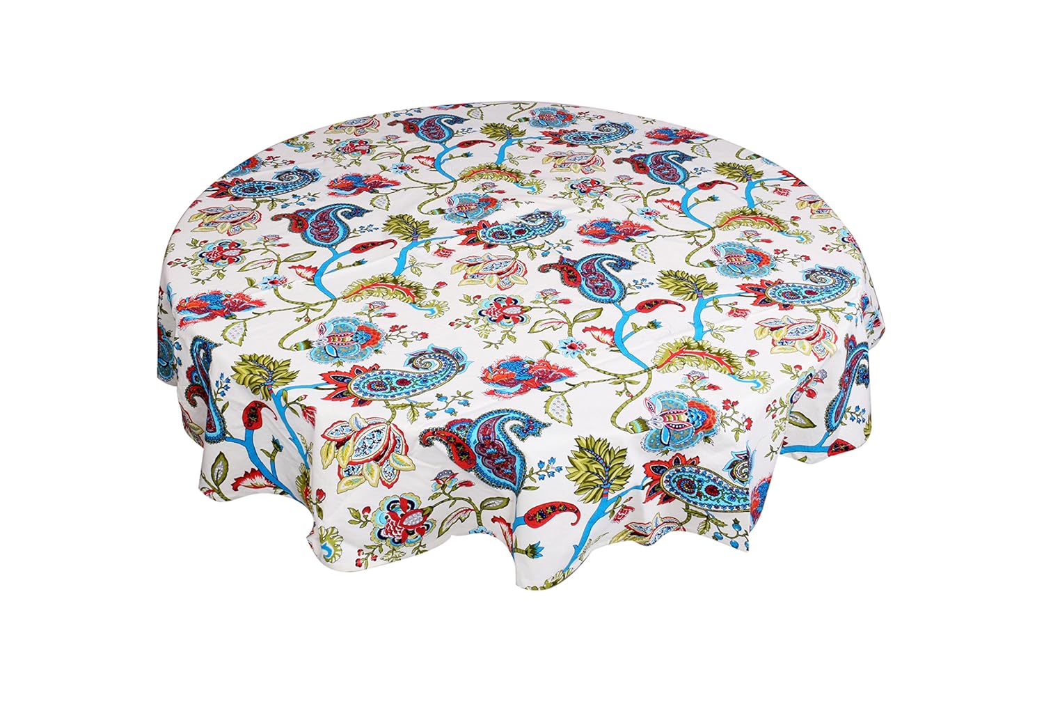 Cotton Blue-Multi Color Floral Print Design 6 Seater Table Cover 65 Inch Round Tablecloth(Red-pom-pom)
