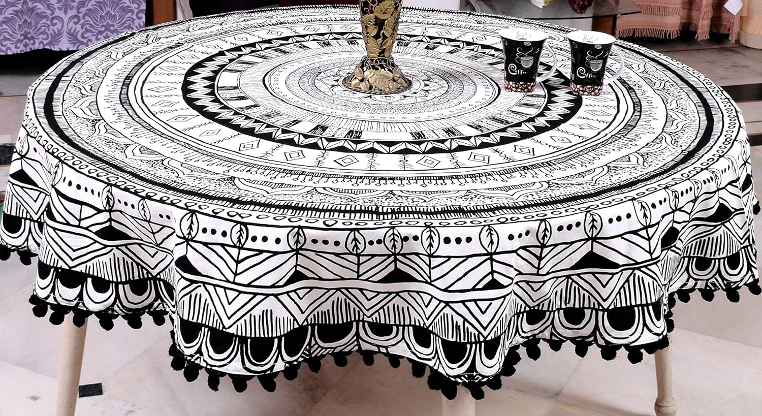 Capua Round Table Cover with Pom-Pom Laces Border Round Tablecloth (Diameter- 65" Round, Black Color with Pom-Pom)