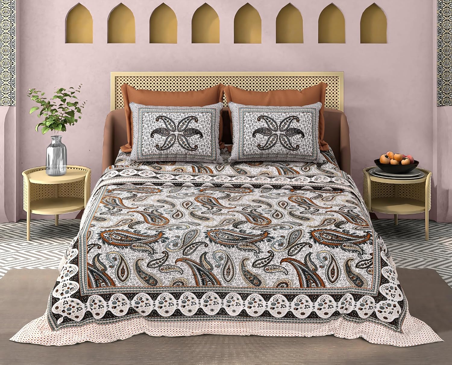 Classic Paisley 100% Cotton Double Bed Sheet Set - 110 TC-With 2 Pillow 18X28 Inch