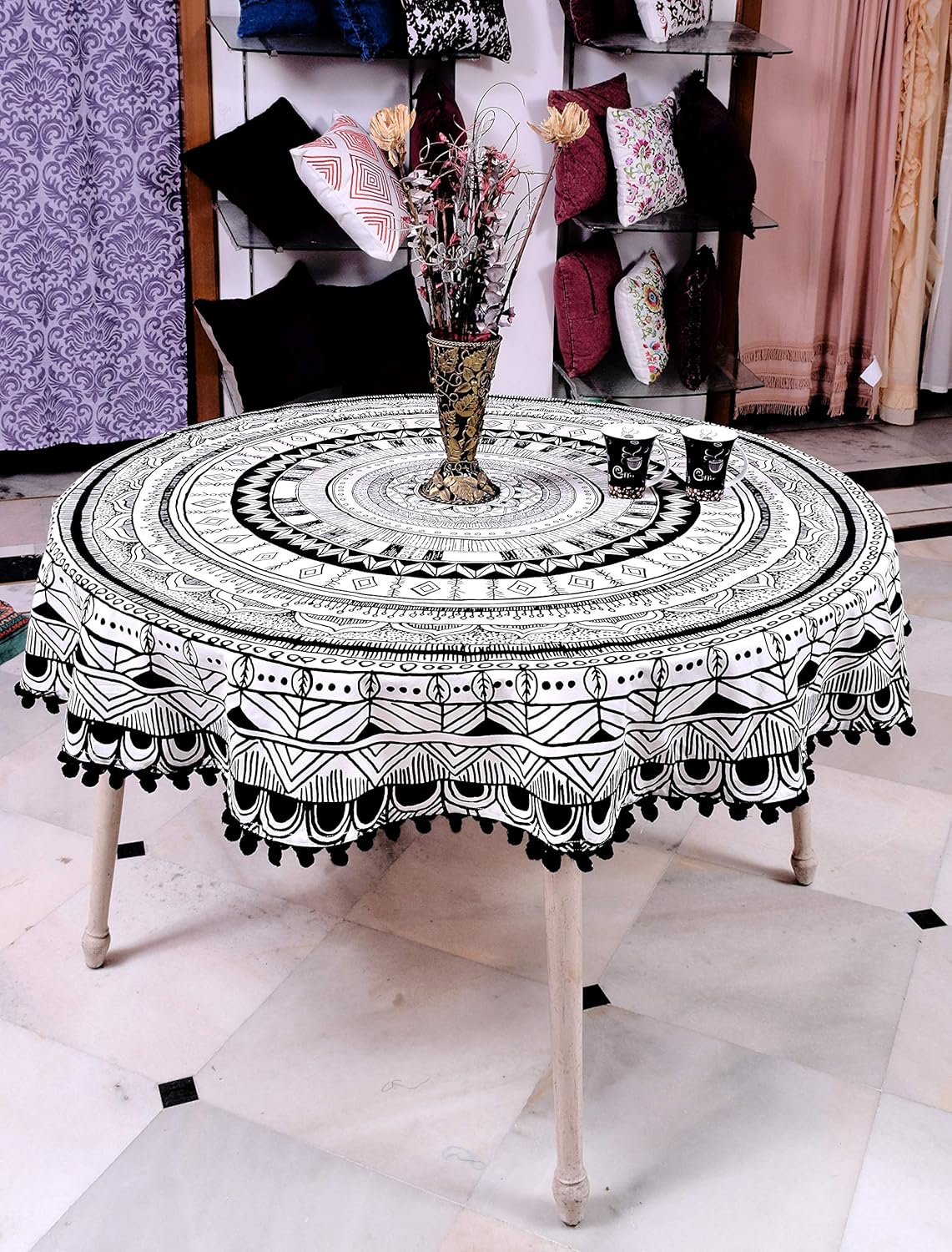 Capua Round Table Cover with Pom-Pom Laces Border Round Tablecloth (Diameter- 65" Round, Black Color with Pom-Pom)