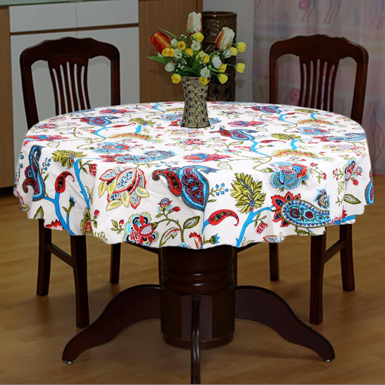 Cotton Blue-Multi Color Floral Print Design 6 Seater Table Cover 65 Inch Round Tablecloth(Red-pom-pom)