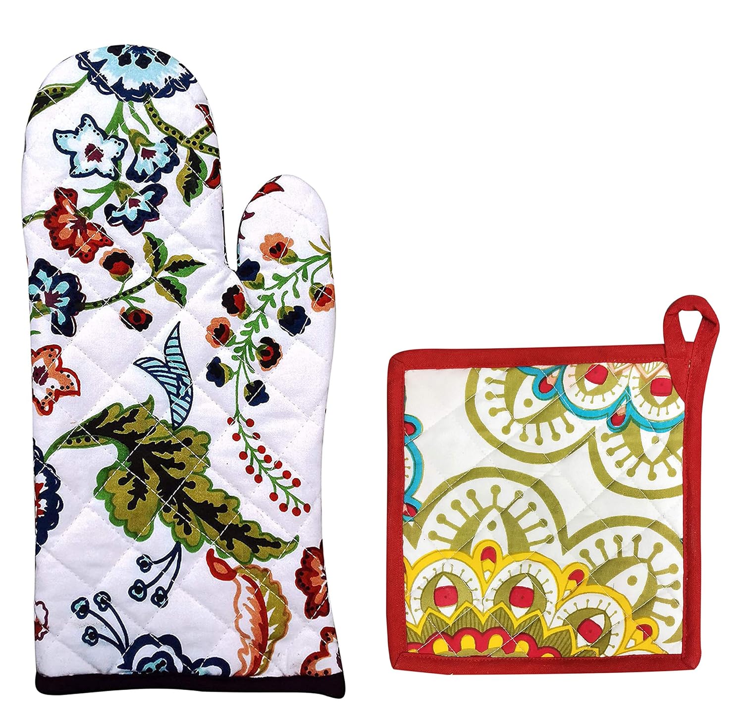 100% Cotton Padded Oven Gloves &Pot Holder (Multicolor)
