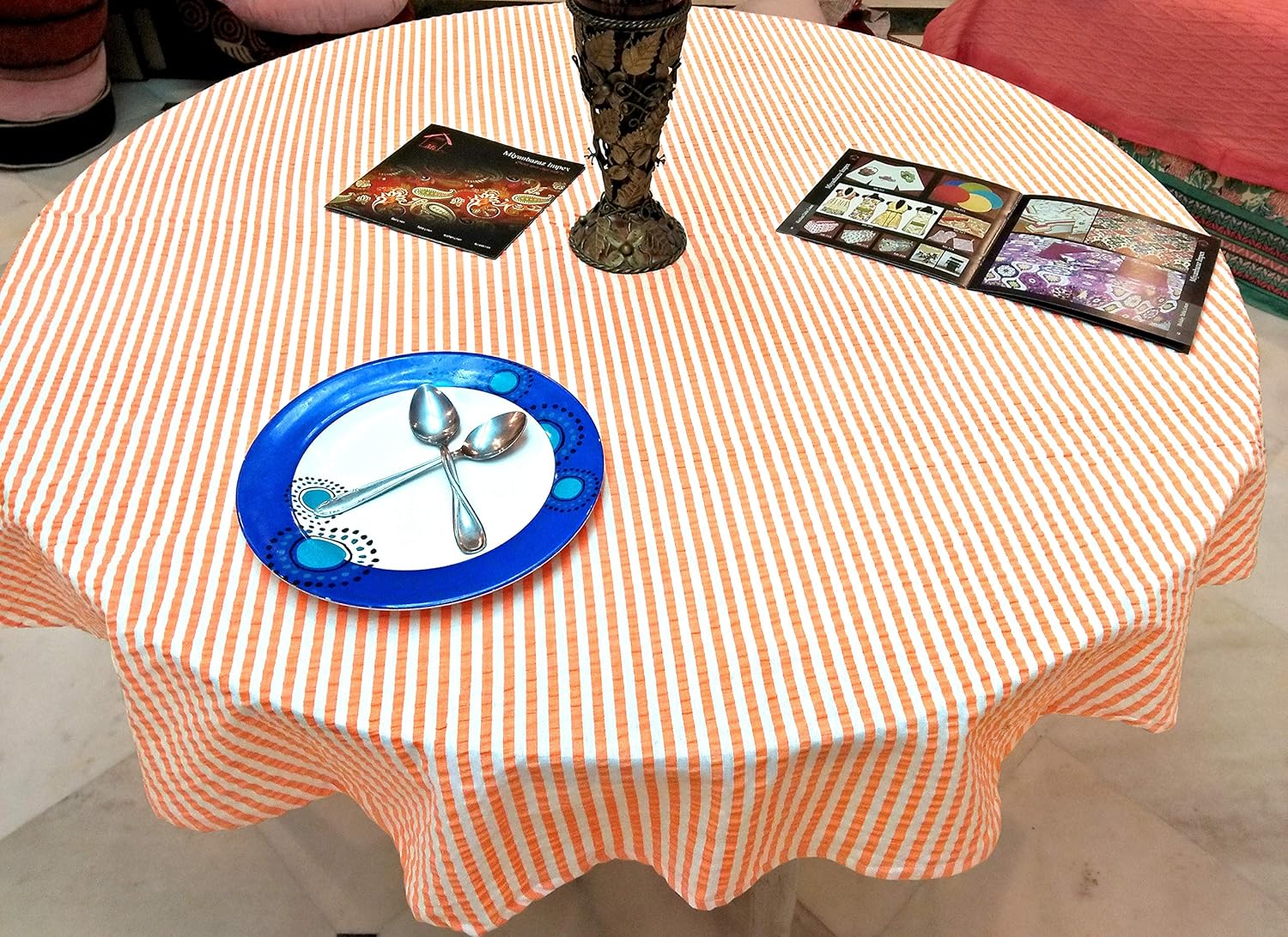 100% Cotton 4 Seater Striped Round TABLECLOTHS (Orange, 60" Round)