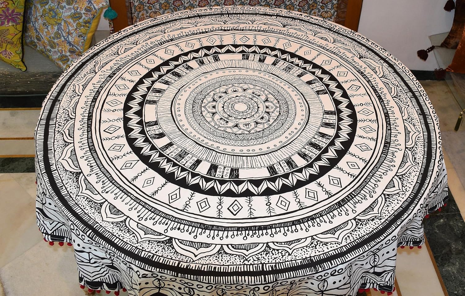 Capua Round Table Cover with Pom-Pom Laces Border Diameter 65 Inches Round Tablecloth