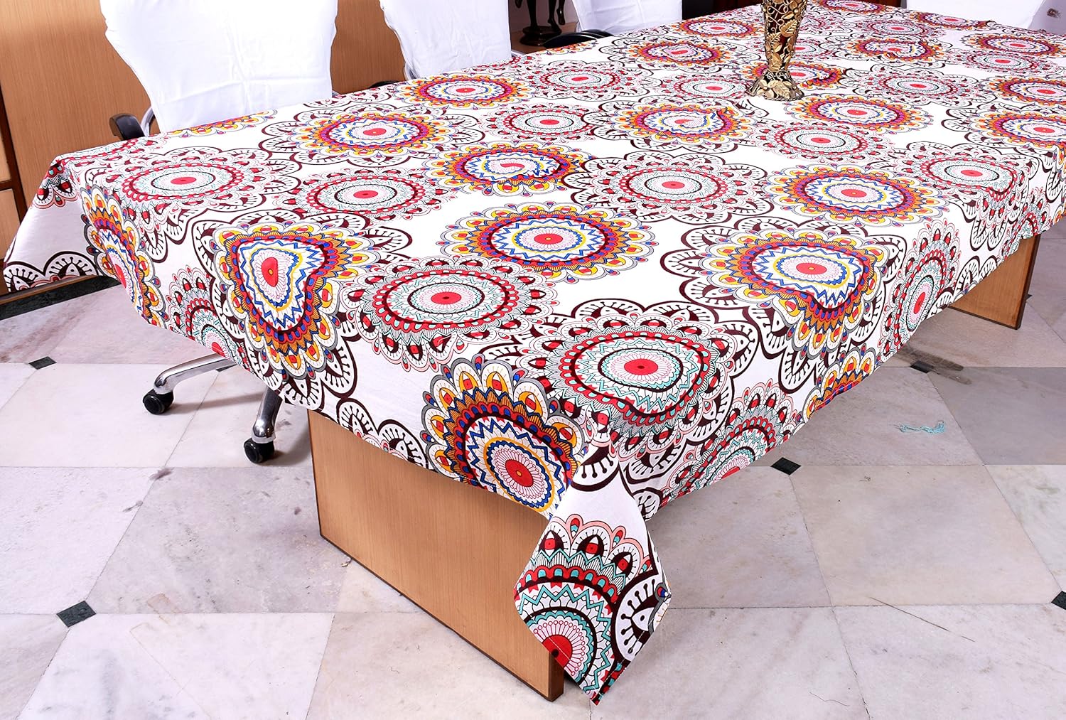 Cotton Medallion Printed Dining Table Tablecloth Cover for 6 Seater (Maroon/Multi TR-19, 60 x 90 Inch)