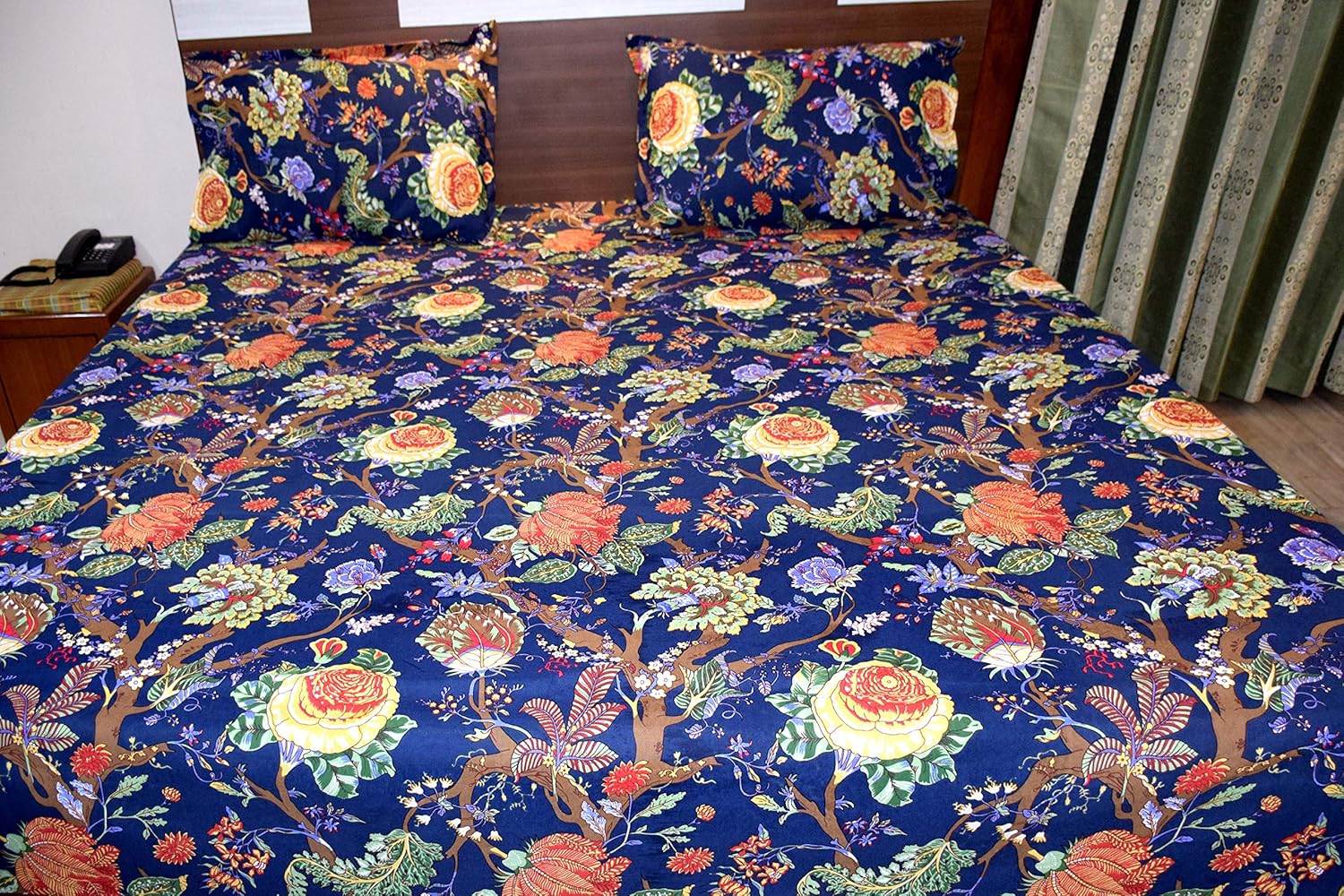 Capua 100% Cotton Double Bedsheet with 2 Pillow Covers - Multi (Navy Blue)