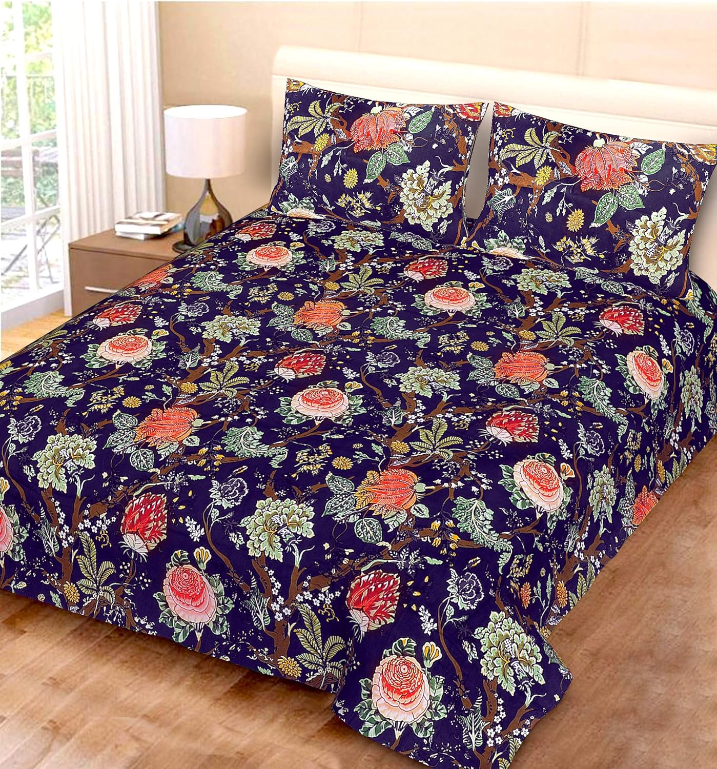 Capua 100% Cotton Double Bedsheet with 2 Pillow Covers - Multi (Blue Multi-3)