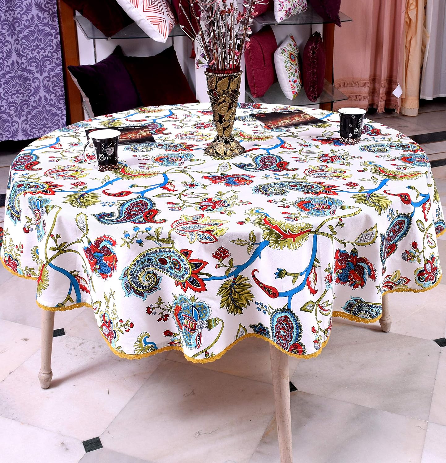 Capua  textiles100% Cotton Round Table Cover with Laces Border Diameter 65 Inches Multi-Color Round Tablecloth