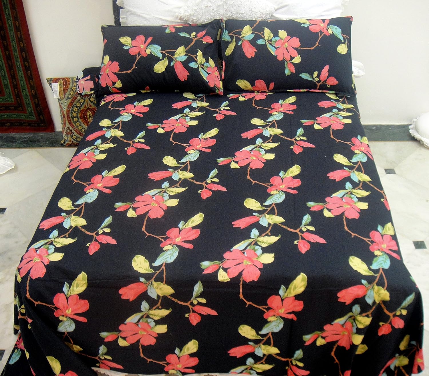 Capua 100% Cotton King Size Double Bedsheet with 2 Pillow Cover for Double Bed (Black Multi)
