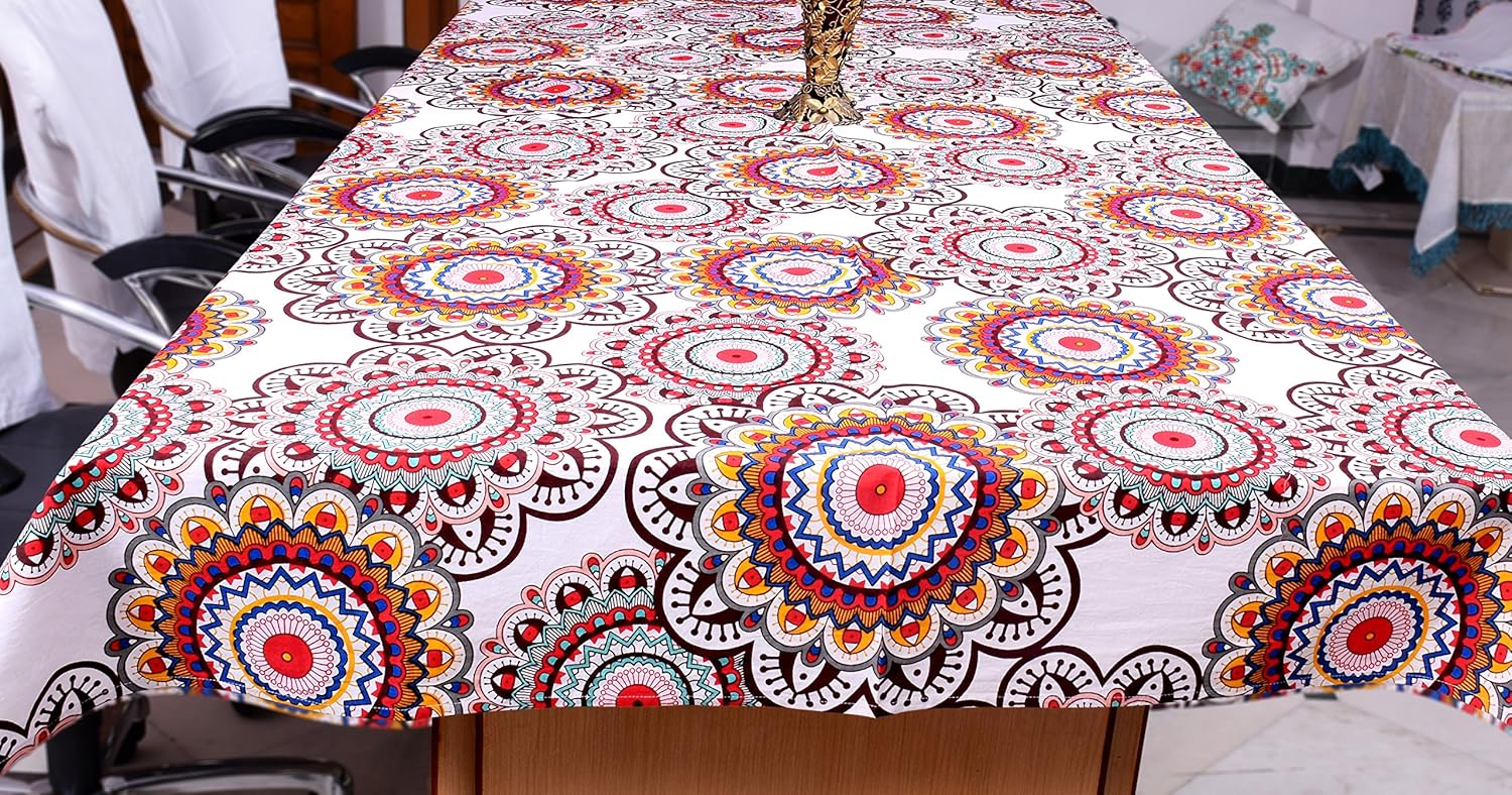 Cotton Medallion Printed Dining Table Tablecloth Cover for 6 Seater (Maroon/Multi TR-19, 60 x 90 Inch)