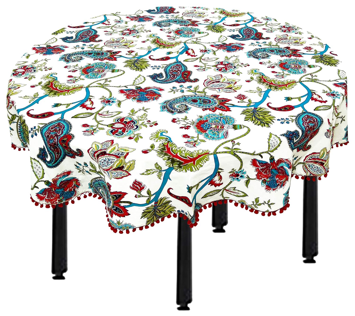 Capua flowered Cotton Round Dining Table Cover with Red Pom-Pom Laces Border, Base-Off white light green & multi-Pack of 1