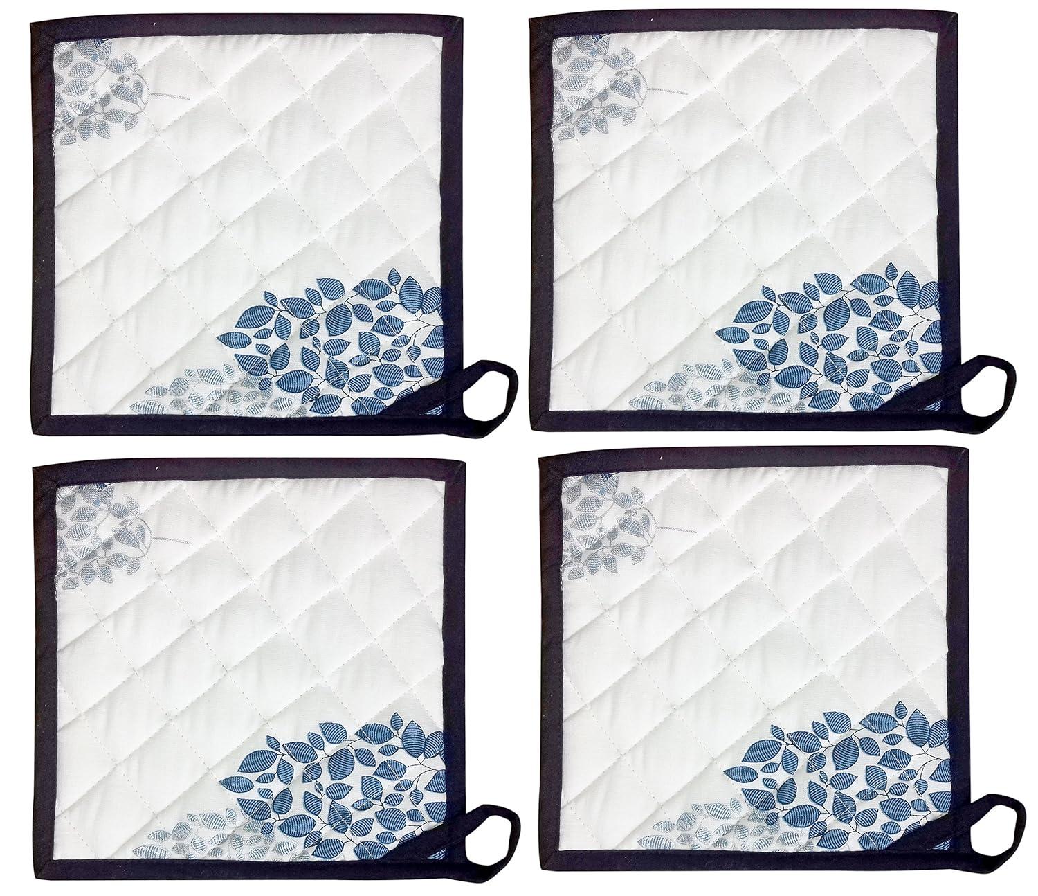 100% Cotton Set of 4 Pot Holders 8" by 8" Blue&Silver Leaf Printed