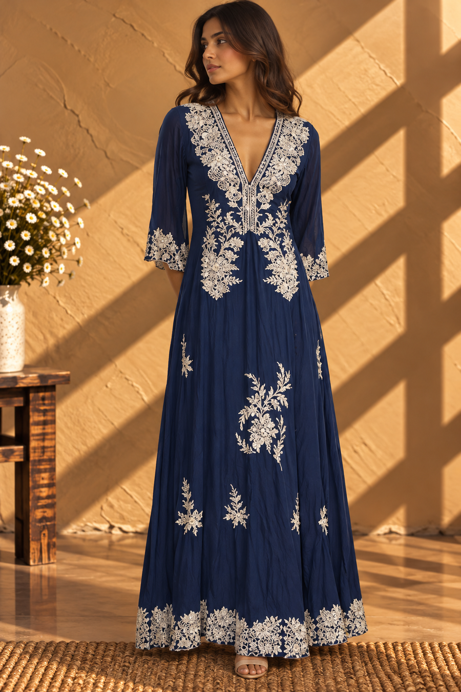 Navy Embroidered Gown