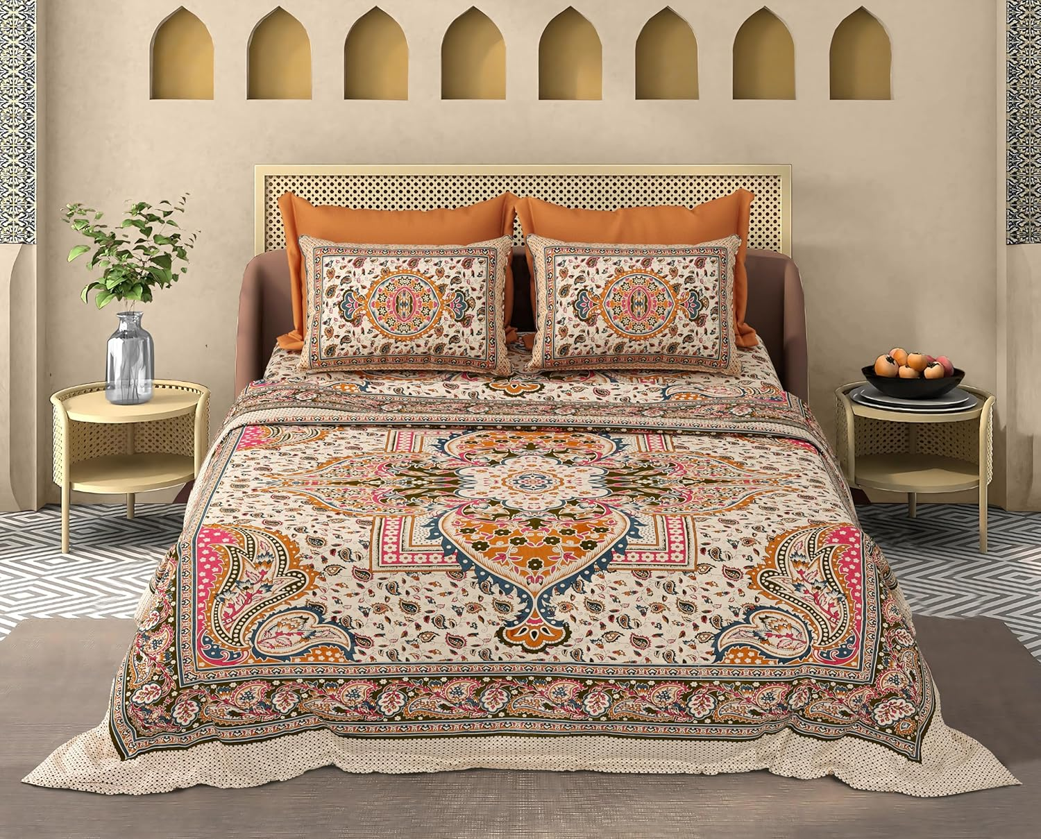 Capua Bohemian Medallion 100% Cotton Double Bed Sheet Set - 110 TC-with 2 Pillow 18X28 Inch