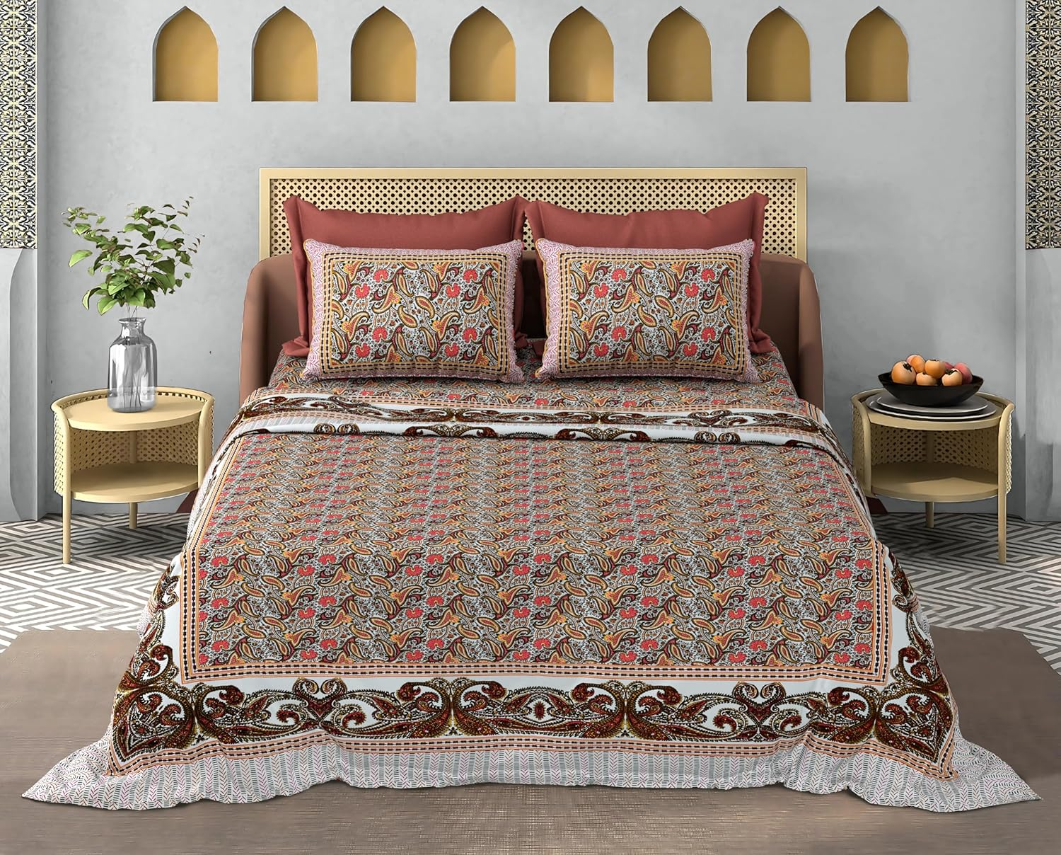 Royal Blue Vine Print 100% Cotton Double Bed Sheet Set - 110 TC-With 2 Pillow 18X28 Inch