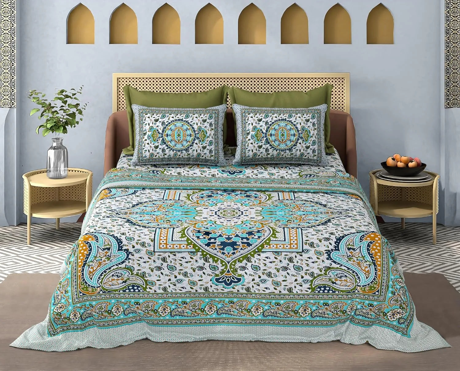 Capua Turquoise Medallion 100% Cotton Double Bed Sheet Set (110 TC) with 2 Pillow Covers – 18 x 28 Inches