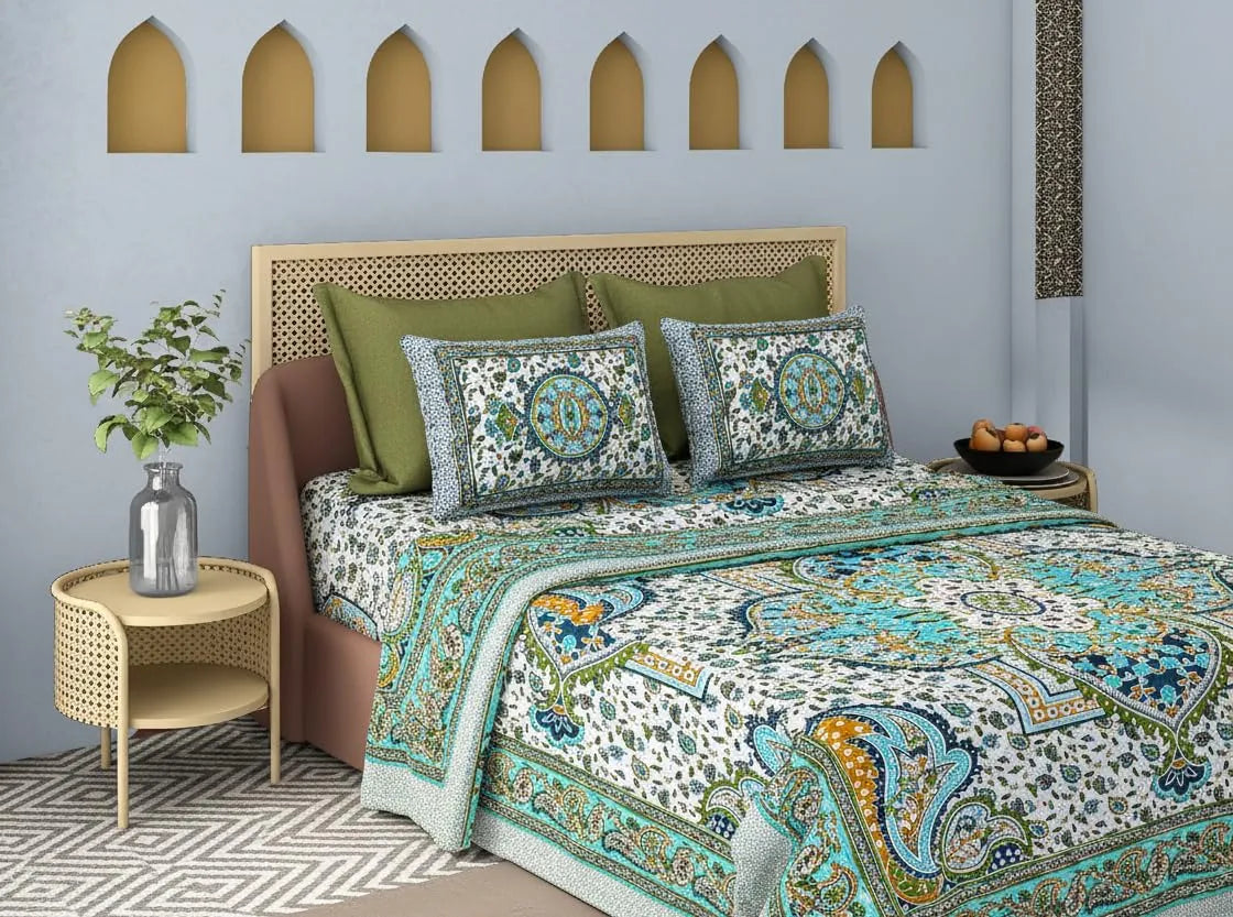 Capua Turquoise Medallion 100% Cotton Double Bed Sheet Set (110 TC) with 2 Pillow Covers – 18 x 28 Inches