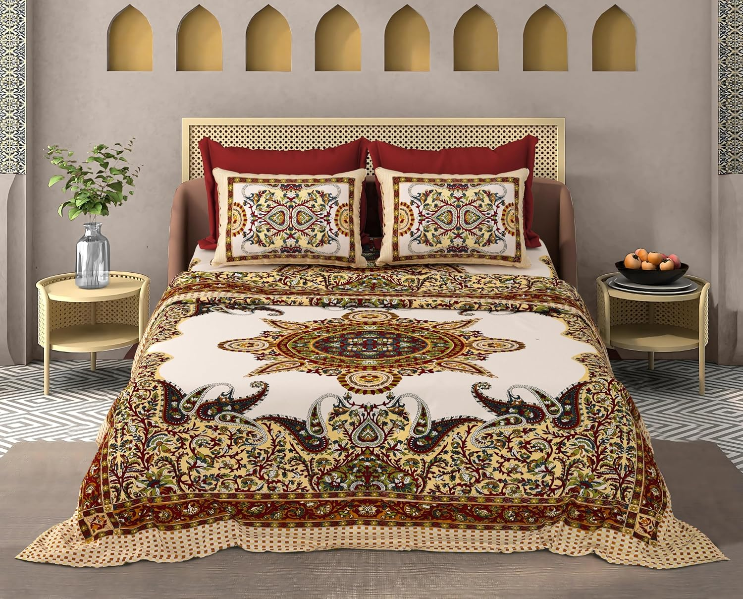 Capua Majestic Ruby Medallion 100% Cotton Double Bed Sheet Set - 110 TC-with 2 Pillow 18X28 Inch