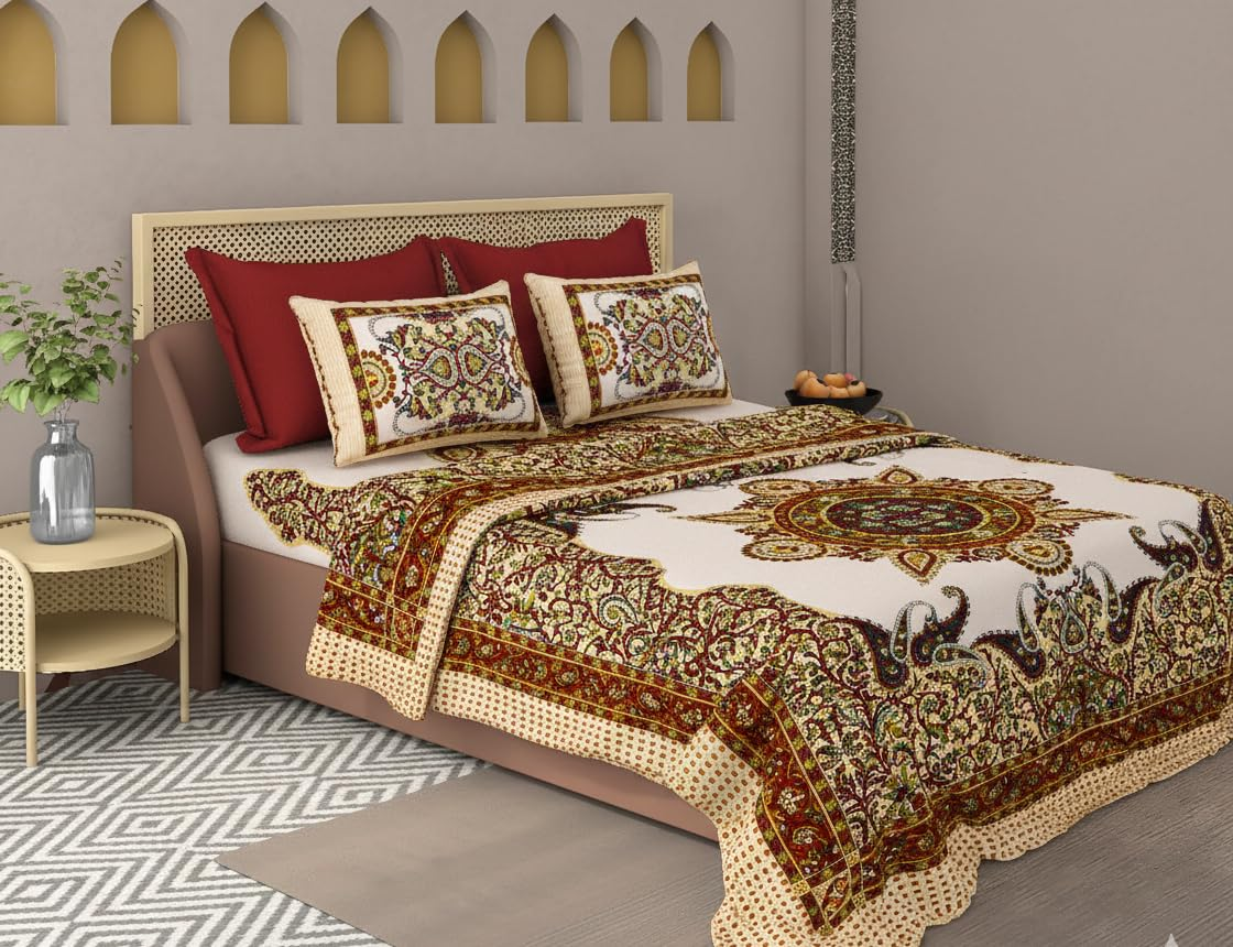 Capua Majestic Ruby Medallion 100% Cotton Double Bed Sheet Set - 110 TC-with 2 Pillow 18X28 Inch