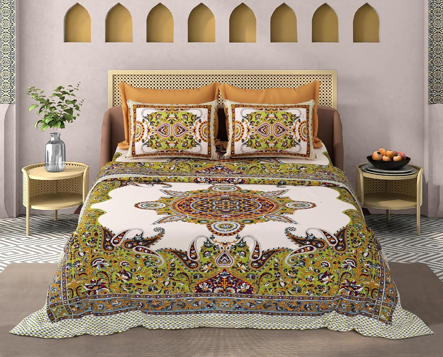Opulent Persian Medallion 100% Cotton Double Bed Sheet Set - 110 TC-With 2 Pillow 18X28 Inch