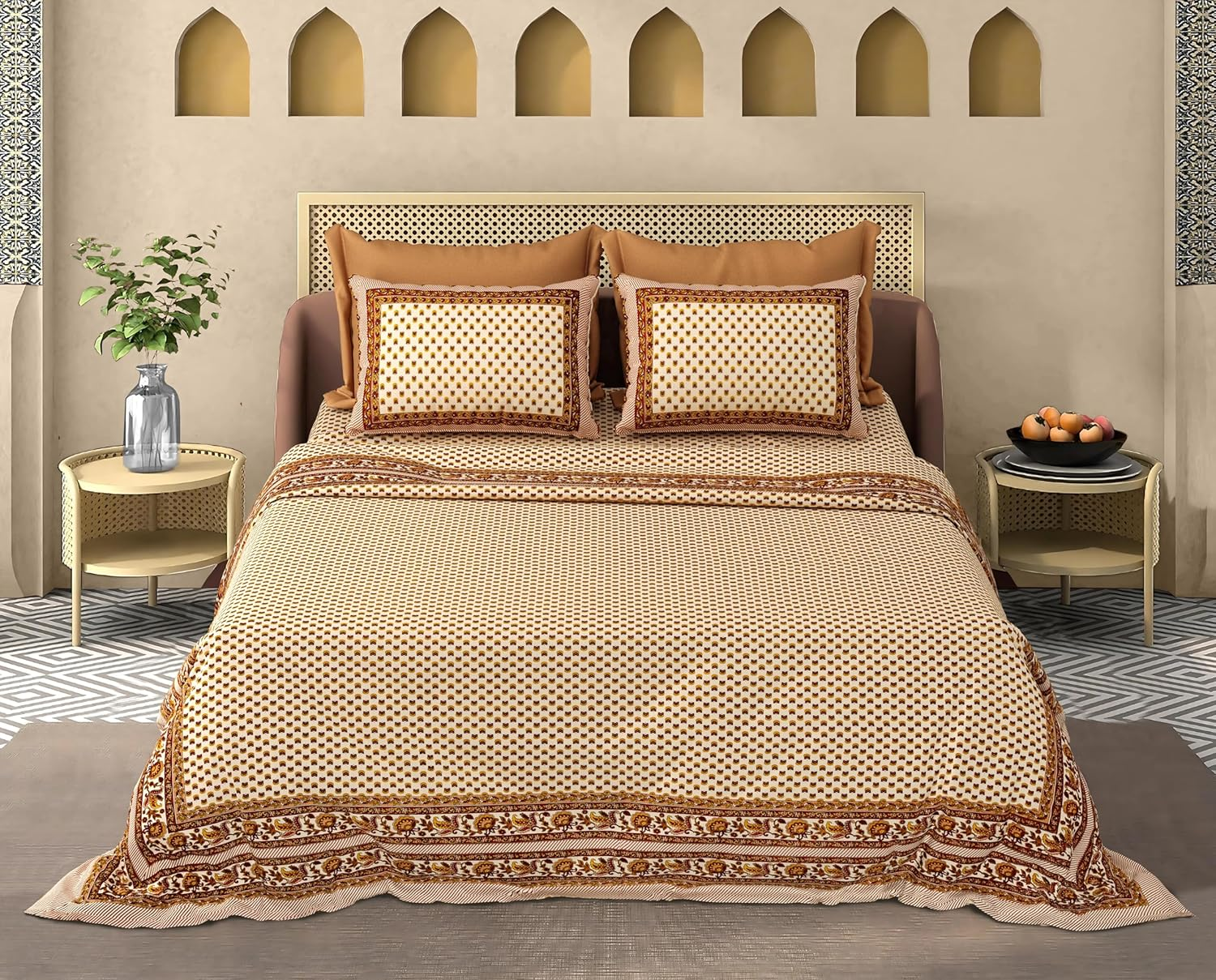 Royal Aqua Border Design Cotton Double Bedsheet – 110 TC-With 2 Pillow 18X28 Inch