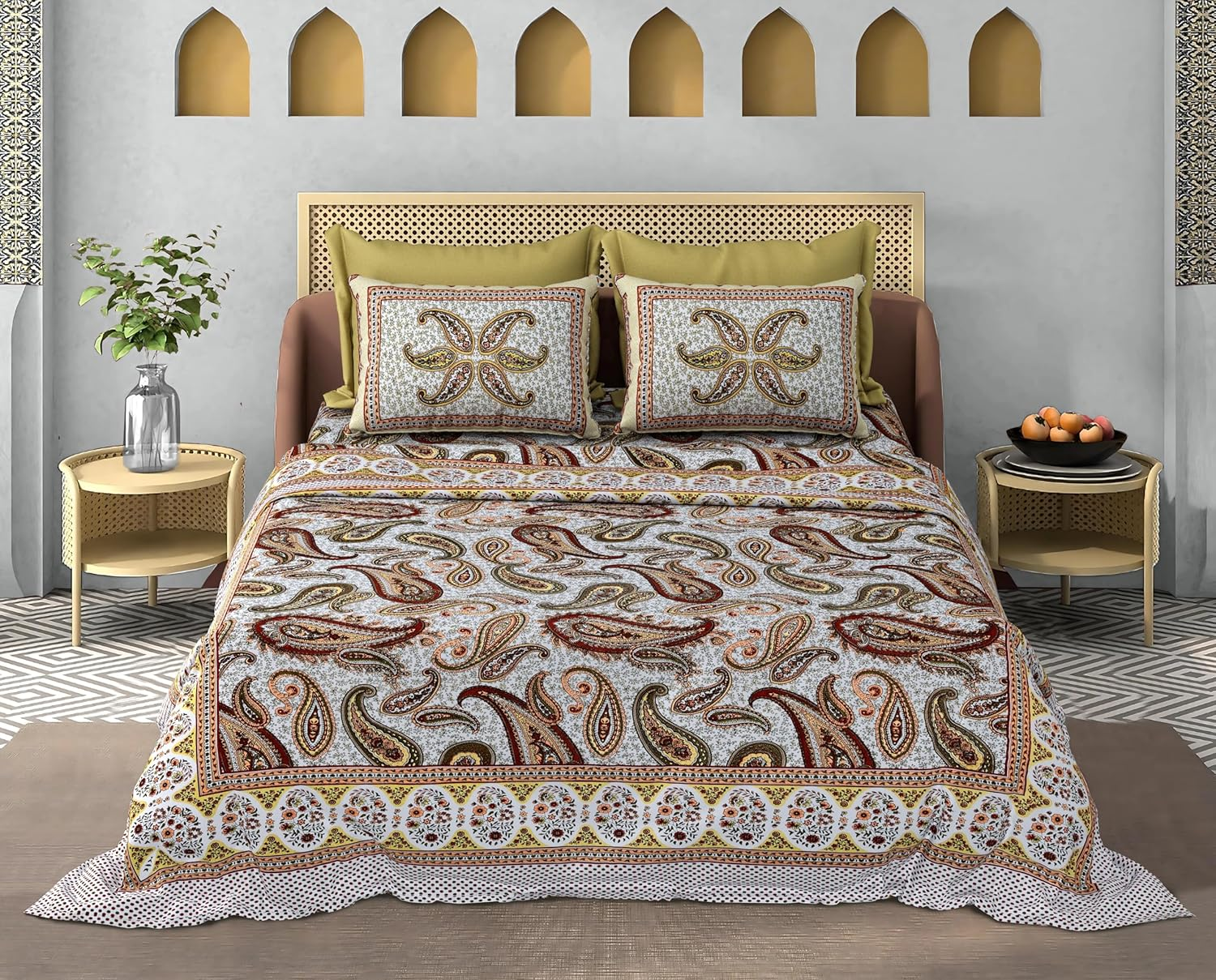 Rich Paisley 100% Cotton Double Bed Sheet Set - 110 TC-With 2 Pillow 18X28 Inch