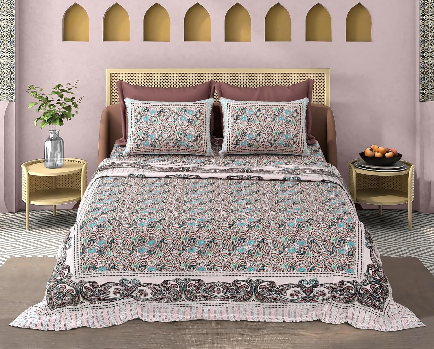 Pastel Paisley Vine 100% Cotton Double Bed Sheet Set - 110 TC-With 2 Pillow 18X28 Inch